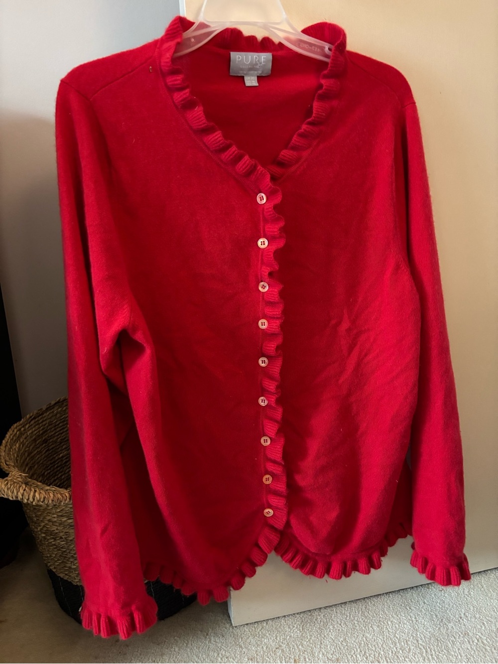 100% Pure cashmere Red Ruffle-Trim Button Cardigan